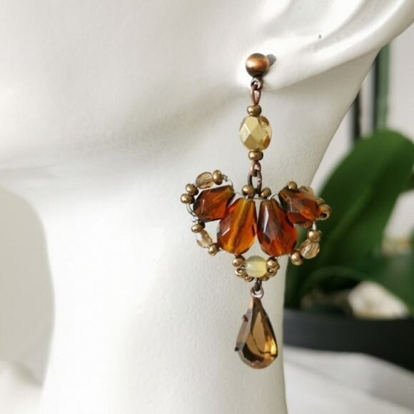 Vintage Czech Beaded Dangle Earrings Brown Gold - Picture 1 of 5